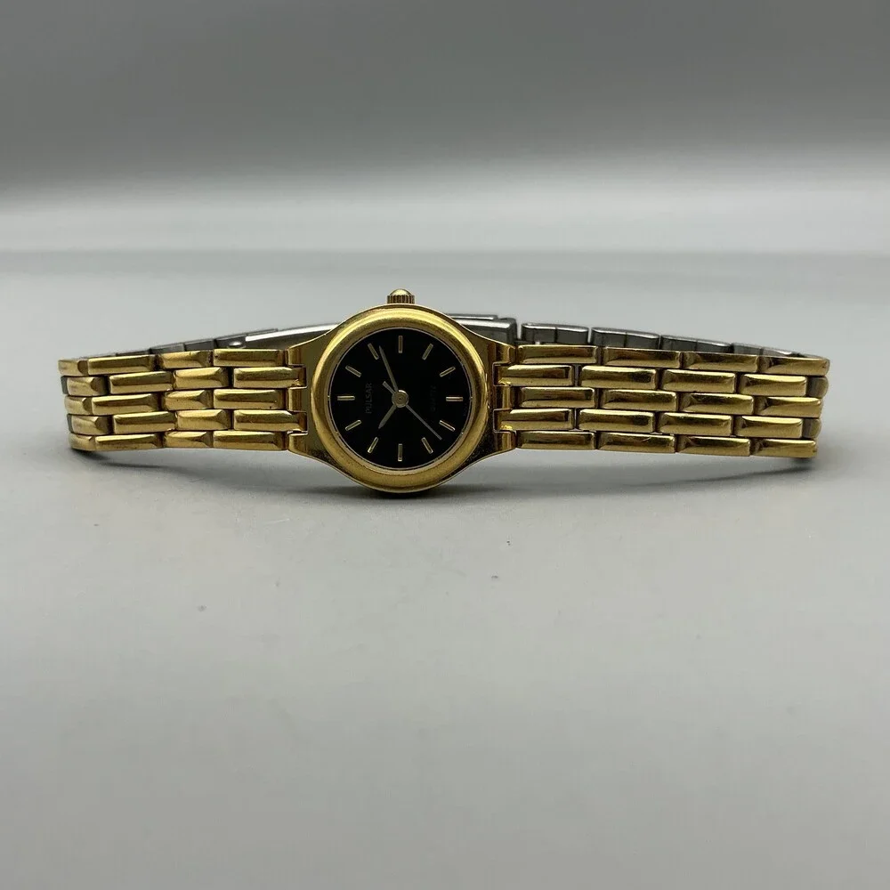 Pulsar Womens Watch 20mm Black Dial Gold Tone V238-X005 New Battery 7.25